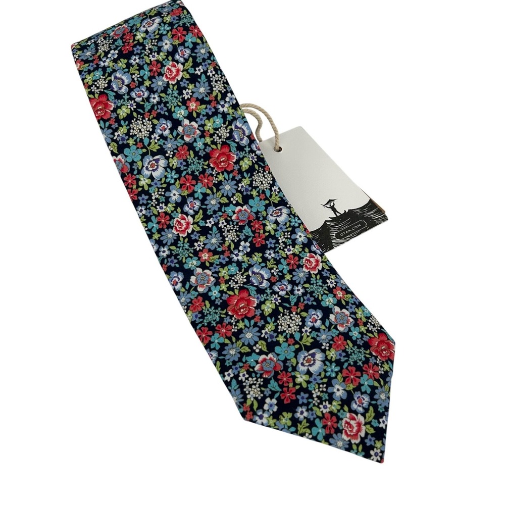 Otaa Mens Floral Necktie Navy Blue Red Green Hand Stitched Australia NWT